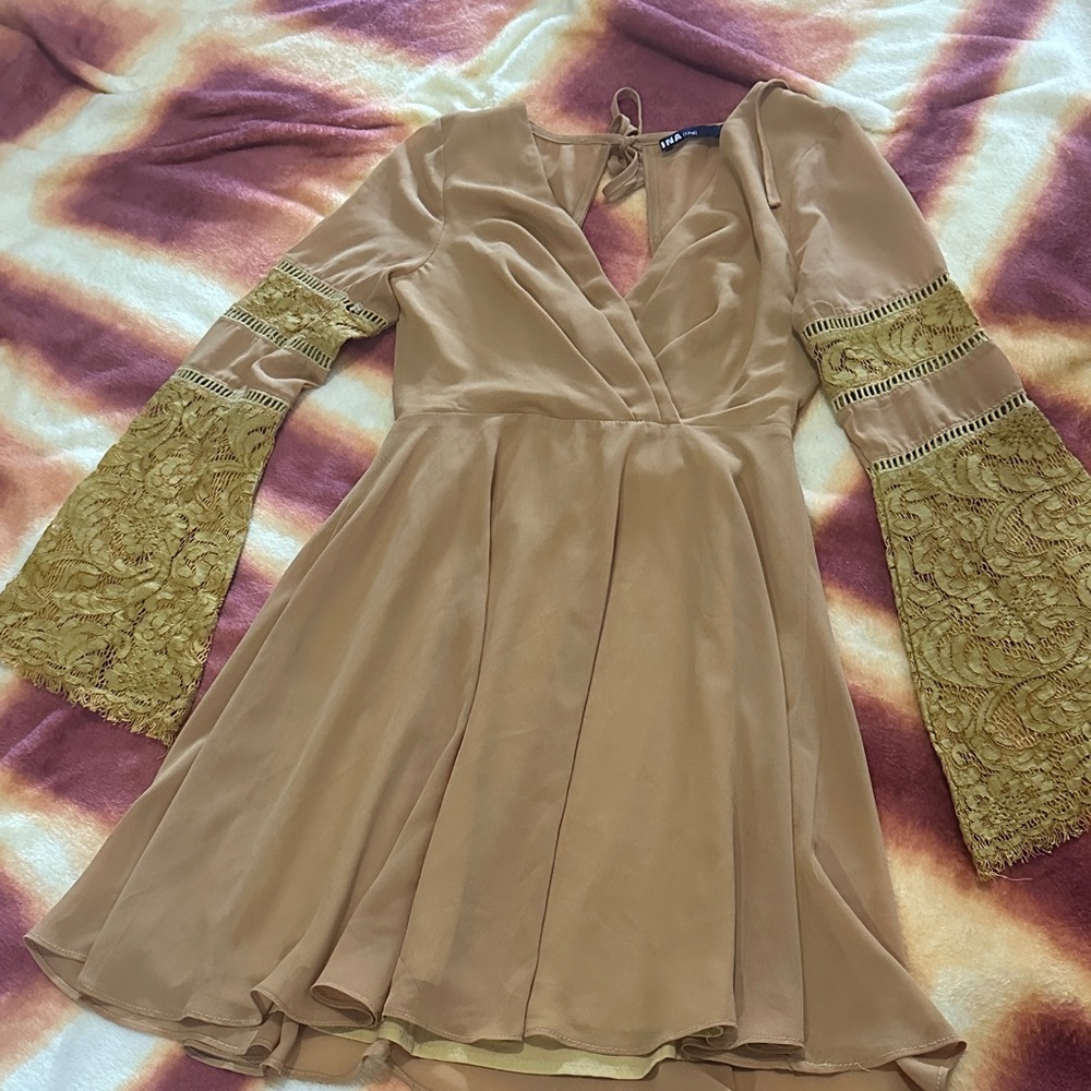 Ina Tan Dress with Lace Bell Sleeves